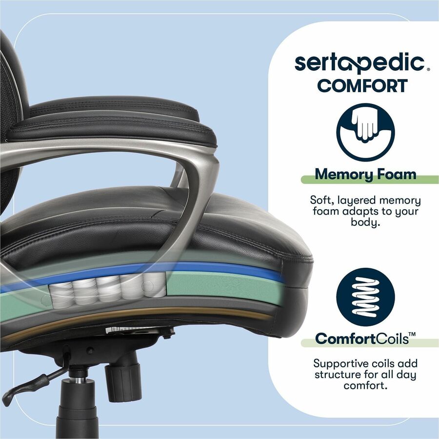 Serta Executive Chair, High Back, Black Memory Foam & Bonded Leather, 5-Star Nylon Base, Adjustable Height, 1 Each