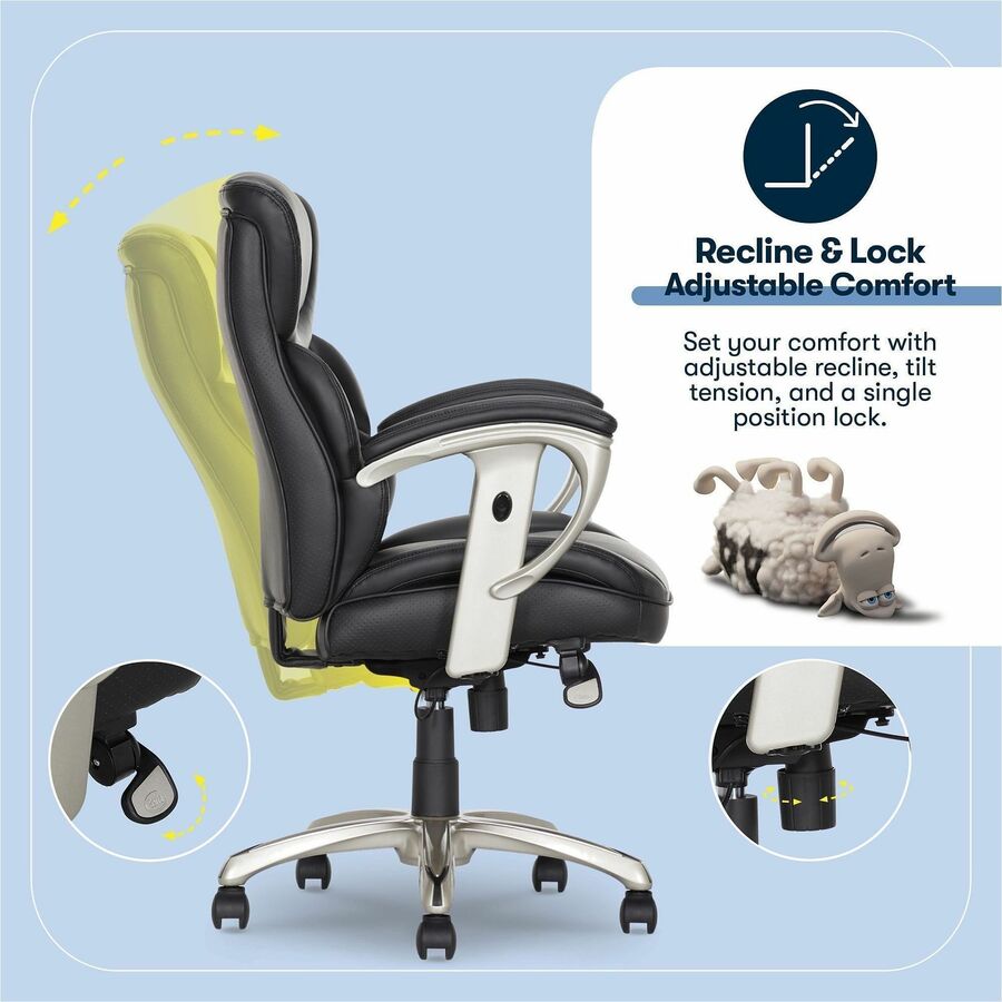 Serta Black Mid Back Task Chair, Memory Foam, Bonded Leather, Adjustable Arms, 1 Each