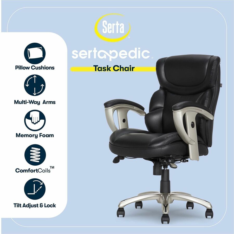 Serta Black Mid Back Task Chair, Memory Foam, Bonded Leather, Adjustable Arms, 1 Each