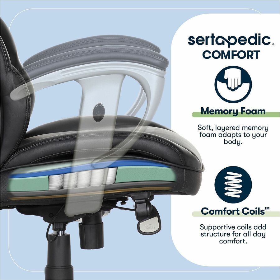 Serta Black Mid Back Task Chair, Memory Foam, Bonded Leather, Adjustable Arms, 1 Each