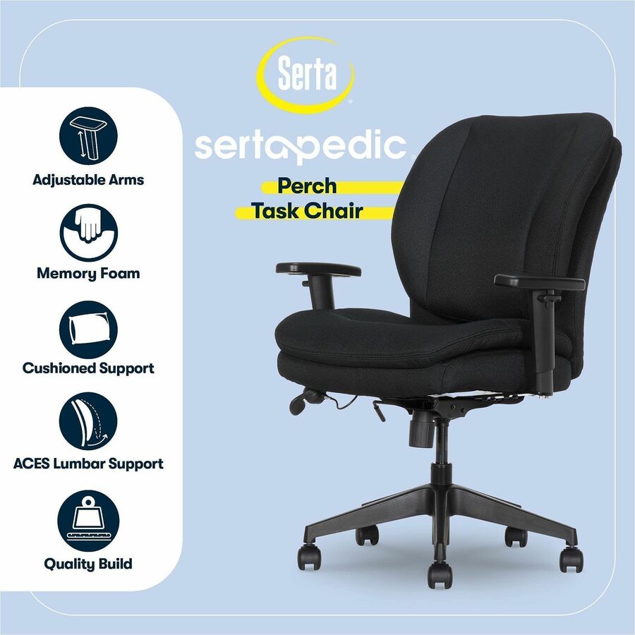 Serta Black Task Chair, Memory Foam & Fabric, Adjustable Arms, 5-Star Nylon Base, 1 Each