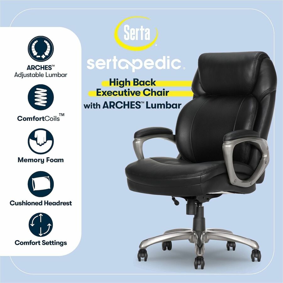 Serta Executive Chair, High Back, Black Memory Foam and Bonded Leather, 5-Star Nylon Base, Adjustable, 1 Each