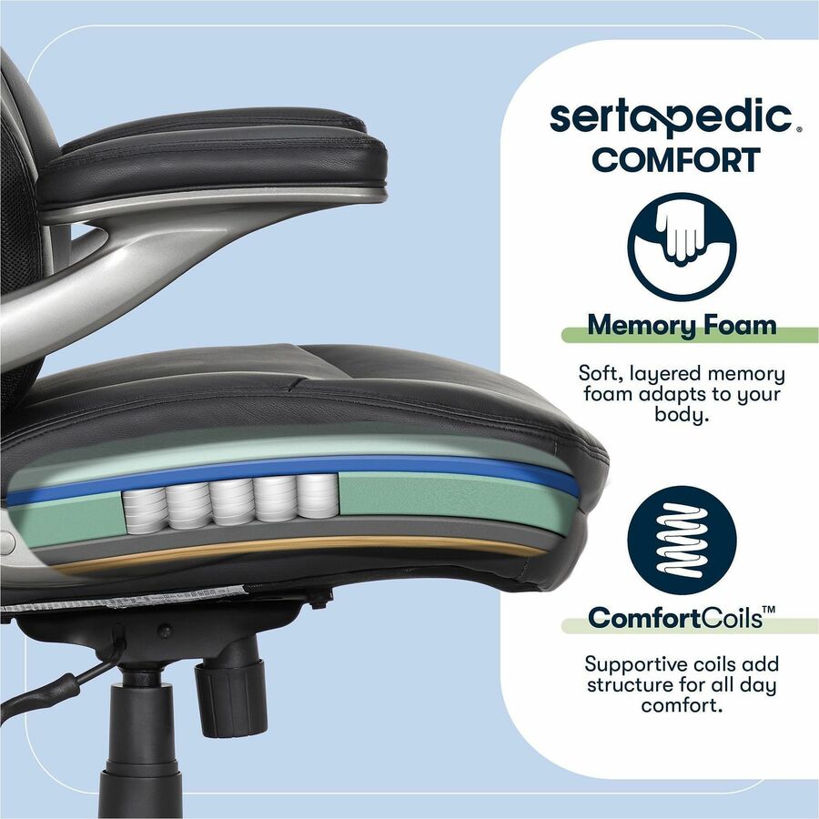 Serta Executive Chair, Black, Mid Back, Memory Foam, Bonded Leather, Flip-up Armrests, 5-Star Nylon Base, 1 Each