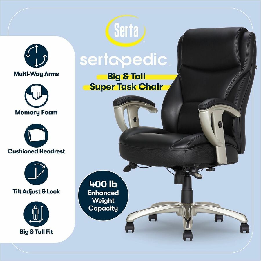 Serta High Back Black Task Chair, Memory Foam, Bonded Leather, Adjustable Arms, Tilt Mechanism, Heavy Duty, 1 Each