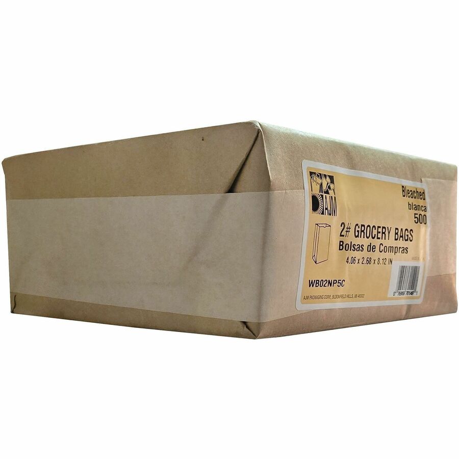 AJM Paper Grocery Bags, Bleached Kraft, Recycled Paper, Flat Bottom, #2 Size, 500 Bags per Carton