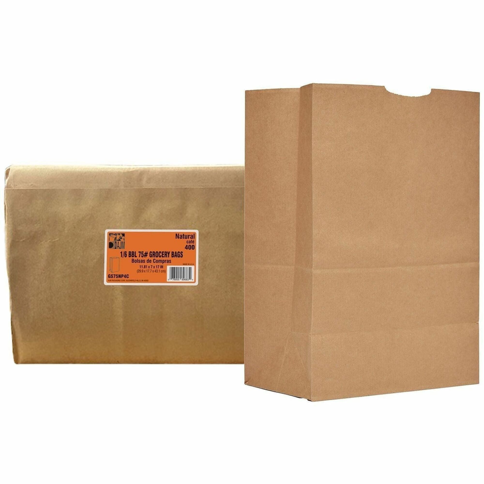 AJM Kraft Grocery Sacks, 6.72 Gallon Capacity, Natural Kraft Paper, Heavy Duty 75 lb, 400 per Carton