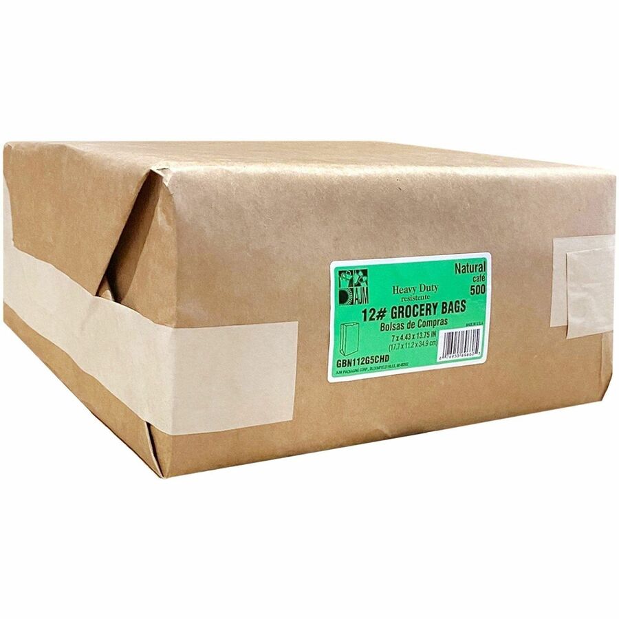 AJM Squat Paper Grocery Bags, Natural Kraft, Heavy Duty, Flat Bottom, #12 Size, 500 per Carton