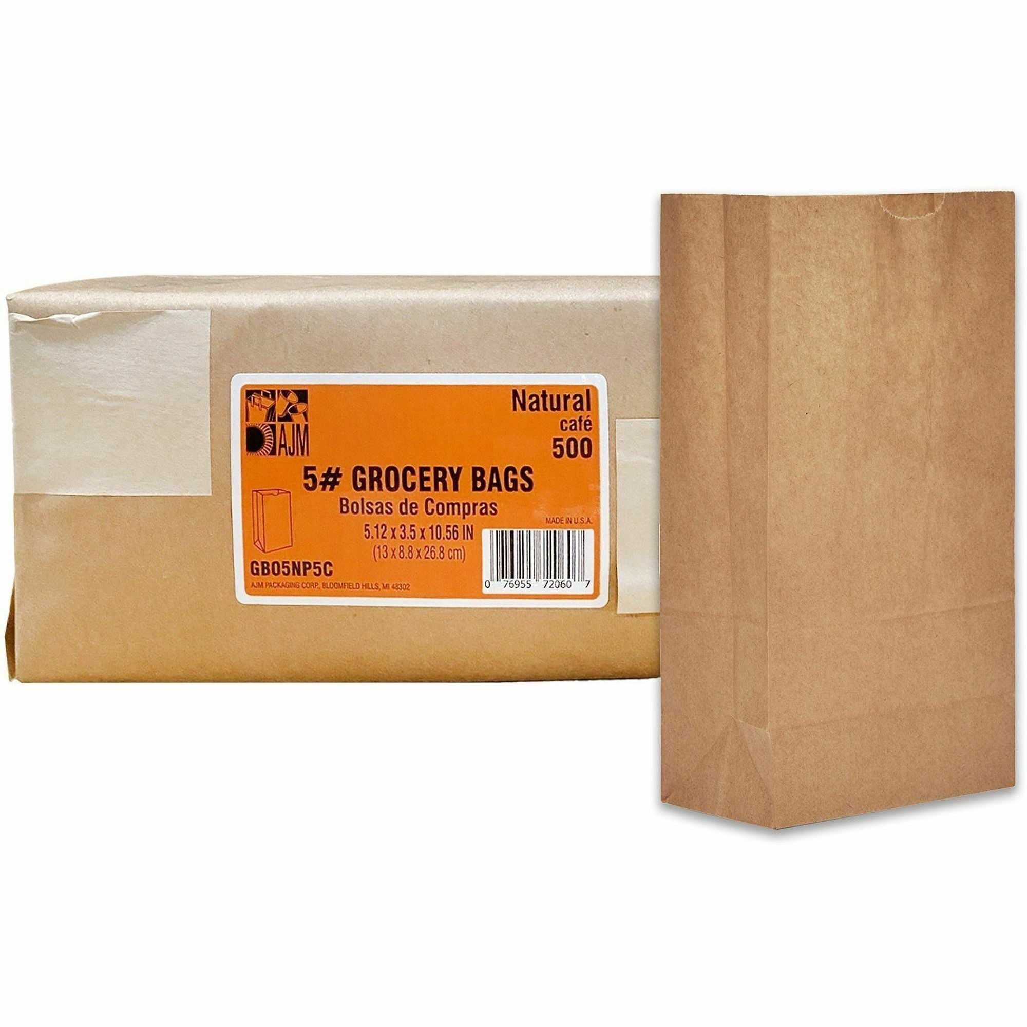 AJM Squat Grocery Bags, Natural Kraft, Paper, Recycled, Flat Bottom, #5 Size, 500 per Carton