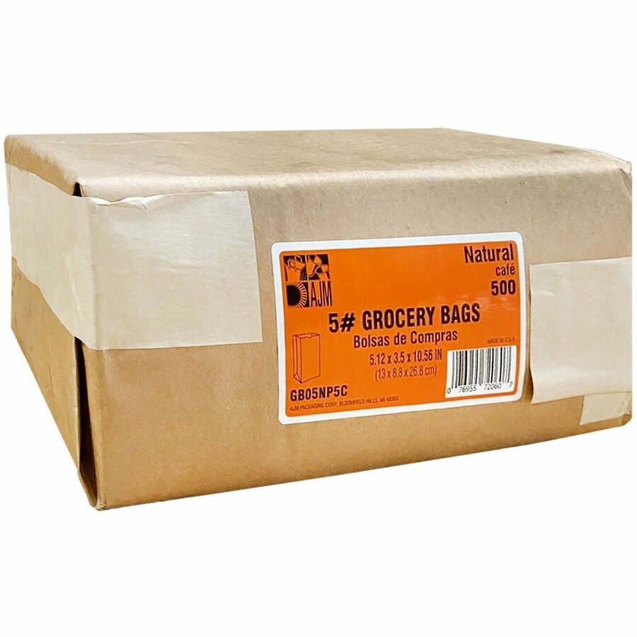 AJM Squat Grocery Bags, Natural Kraft, Paper, Recycled, Flat Bottom, #5 Size, 500 per Carton
