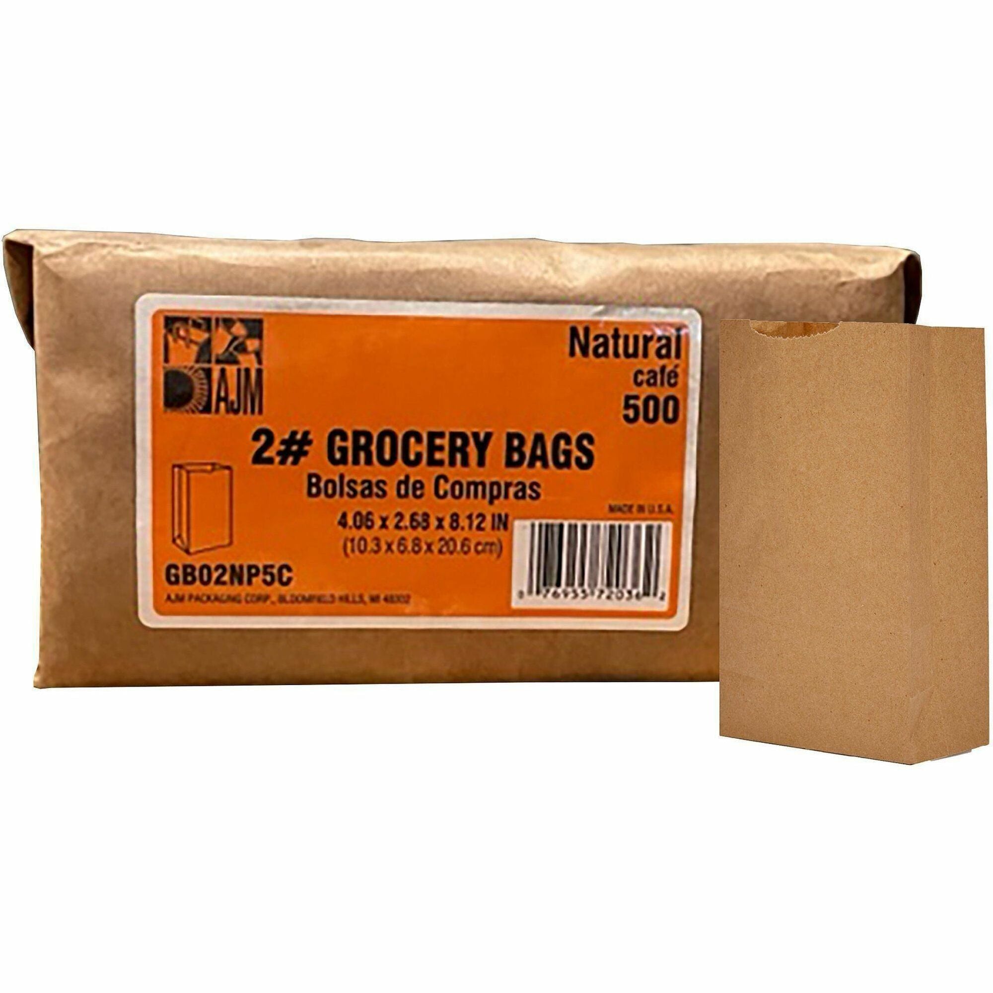 AJM Paper Grocery Bags, Brown, Recycled Paper, #2 Size, 2.40" x 4.30" x 7.80", Flat Bottom, 1 Pack