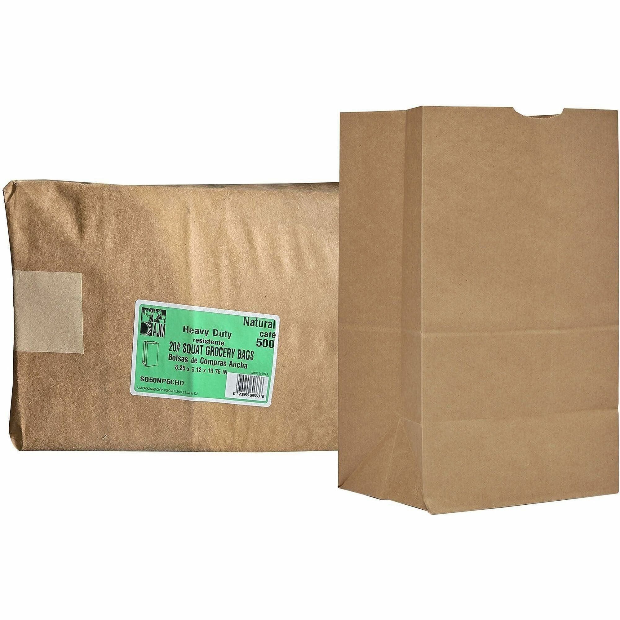 AJM Squat Grocery Bags, Natural Kraft Paper, Heavy Duty, Flat Bottom, #20 Size, 500 per Carton