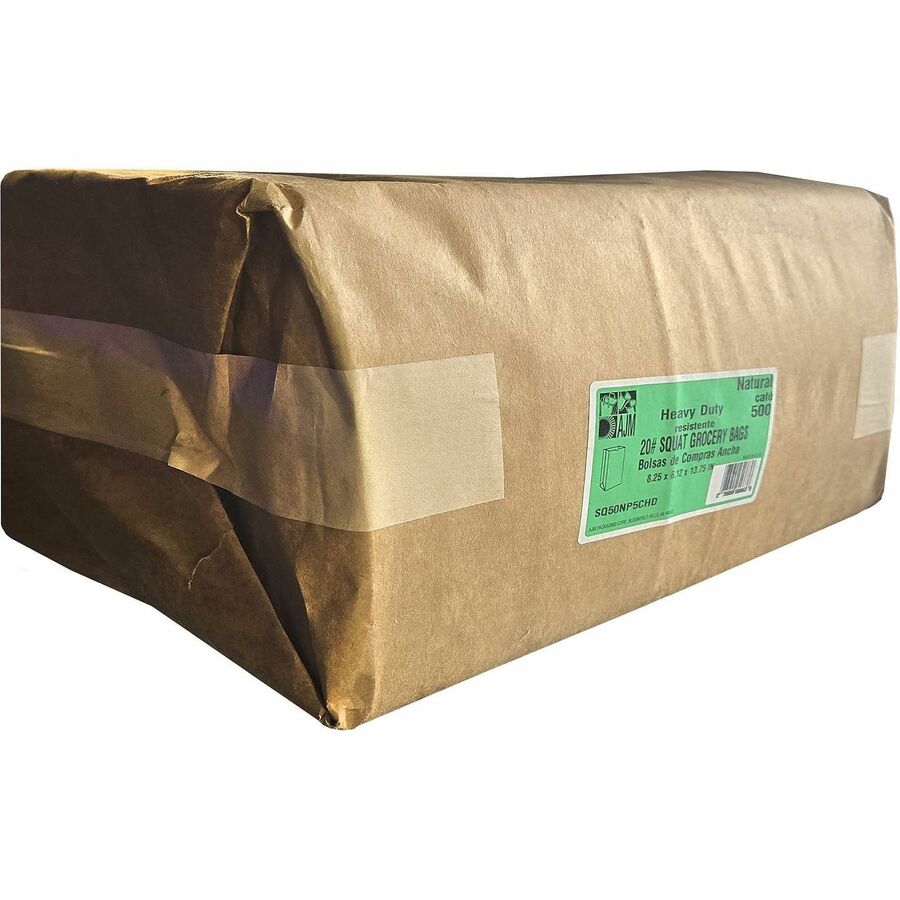 AJM Squat Grocery Bags, Natural Kraft Paper, Heavy Duty, Flat Bottom, #20 Size, 500 per Carton