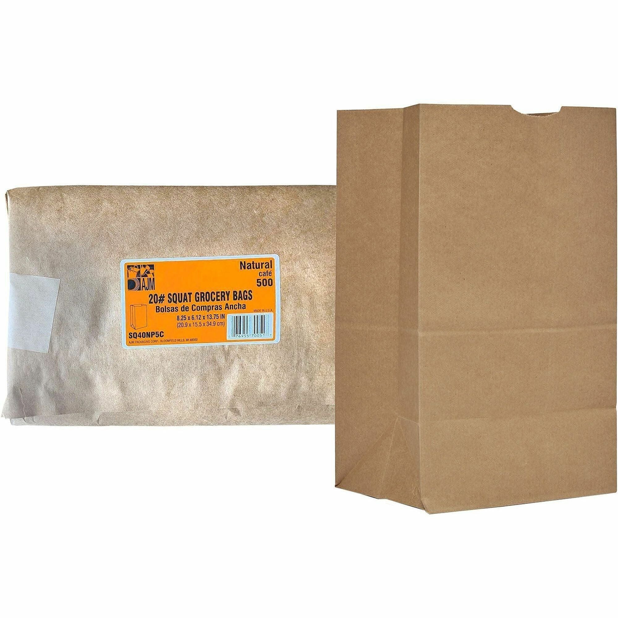 AJM Paper Grocery Bags, Natural Kraft, Recycled Paper, Flat Bottom, Brown, #20 Size, 500 Bags per Carton