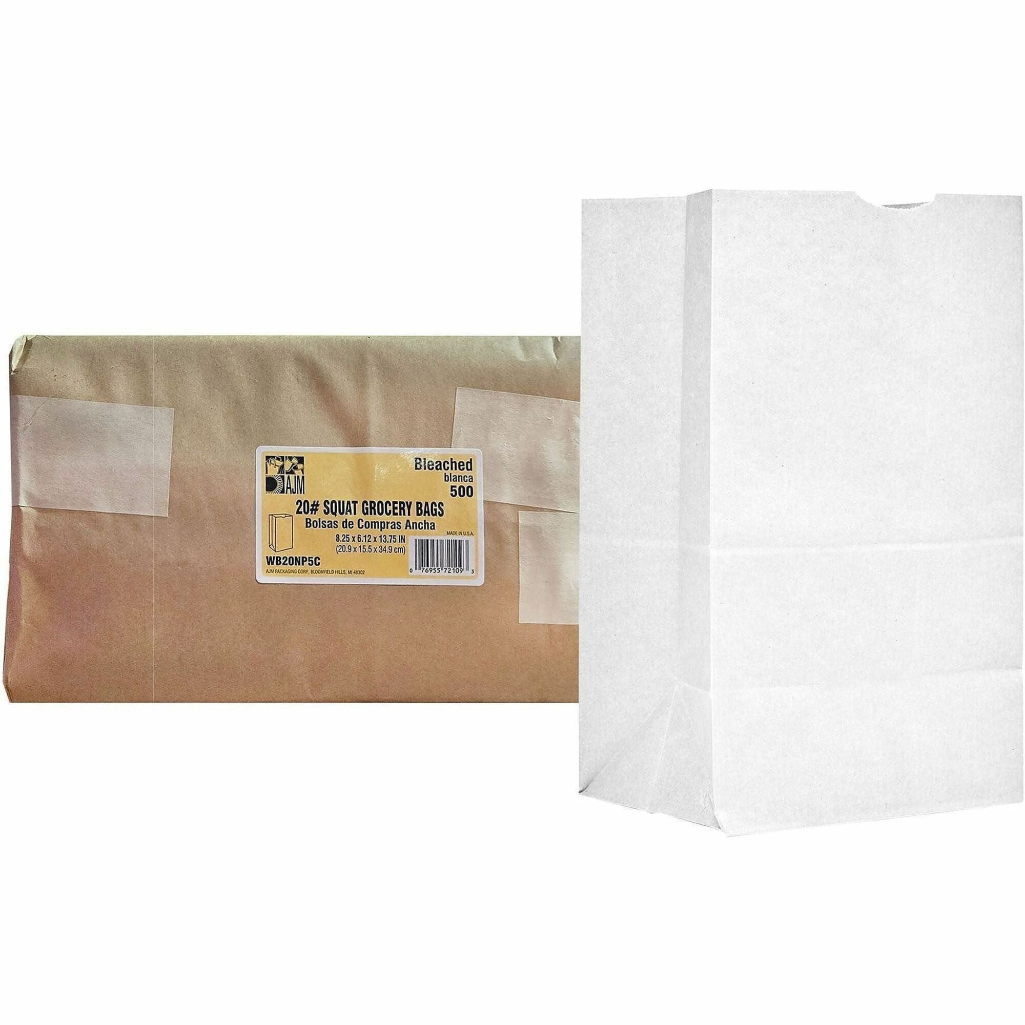 AJM Paper Grocery Bags, Bleached Kraft, Recycled Paper, Flat Bottom, #20 Size, 500 per Carton