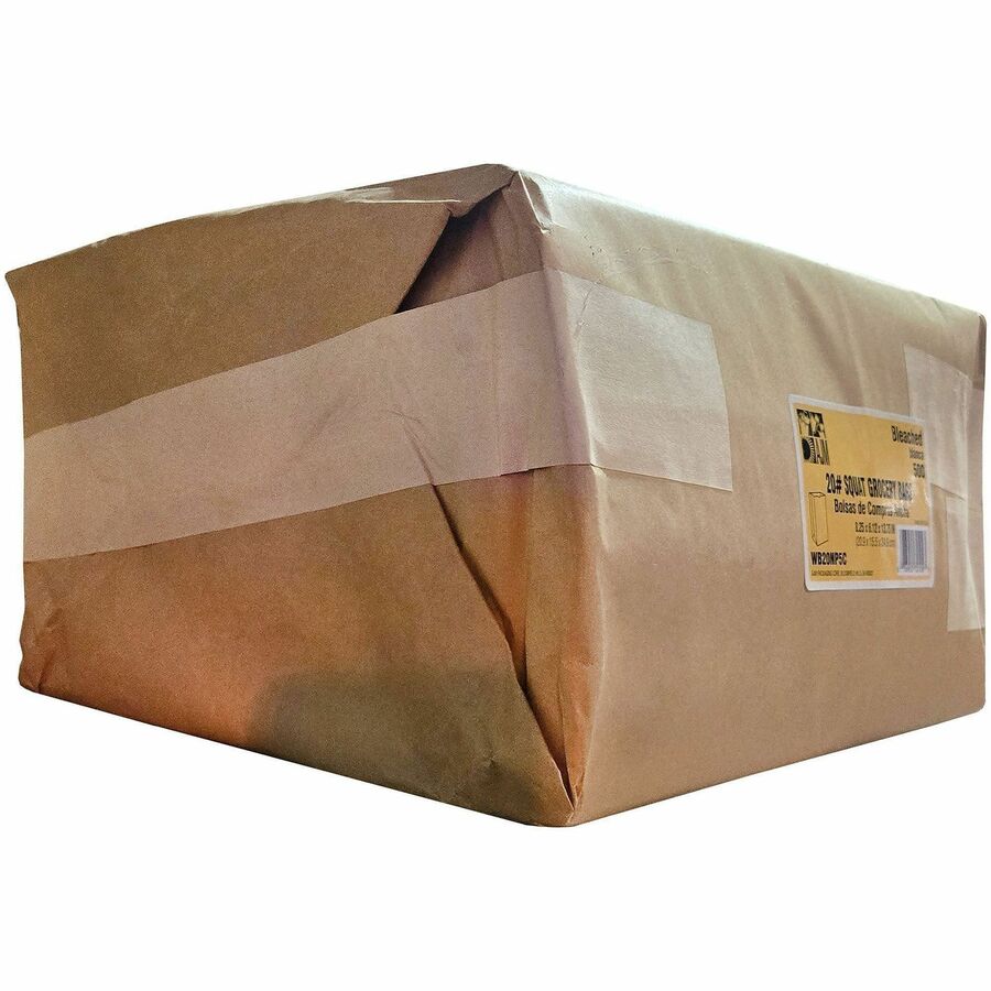 AJM Paper Grocery Bags, Bleached Kraft, Recycled Paper, Flat Bottom, #20 Size, 500 per Carton