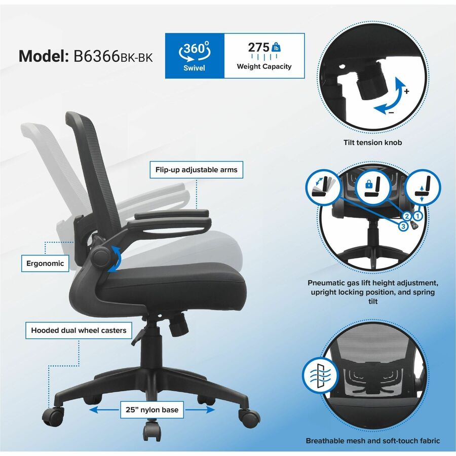 Boss Flip Arm Mesh Back Task Chair, Black, Foam/Fabric Seat, Mesh Back, Flip-up Arms, 5-star Base, Adjustable Height, Swivel, 1 Each