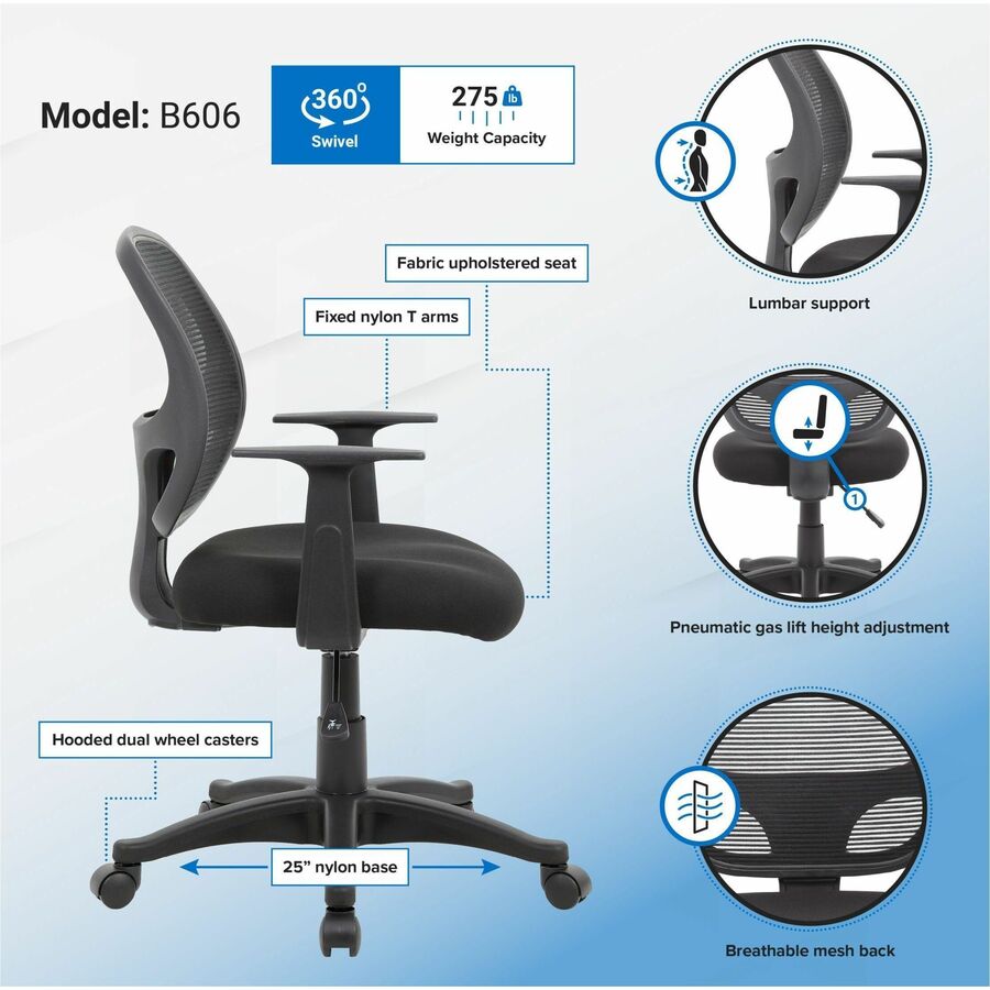 High Density Foam (HDF) Seat Material - Mesh Back Material - 5-star Base - Black - Mesh, Fabric - Armrest - 1 Each