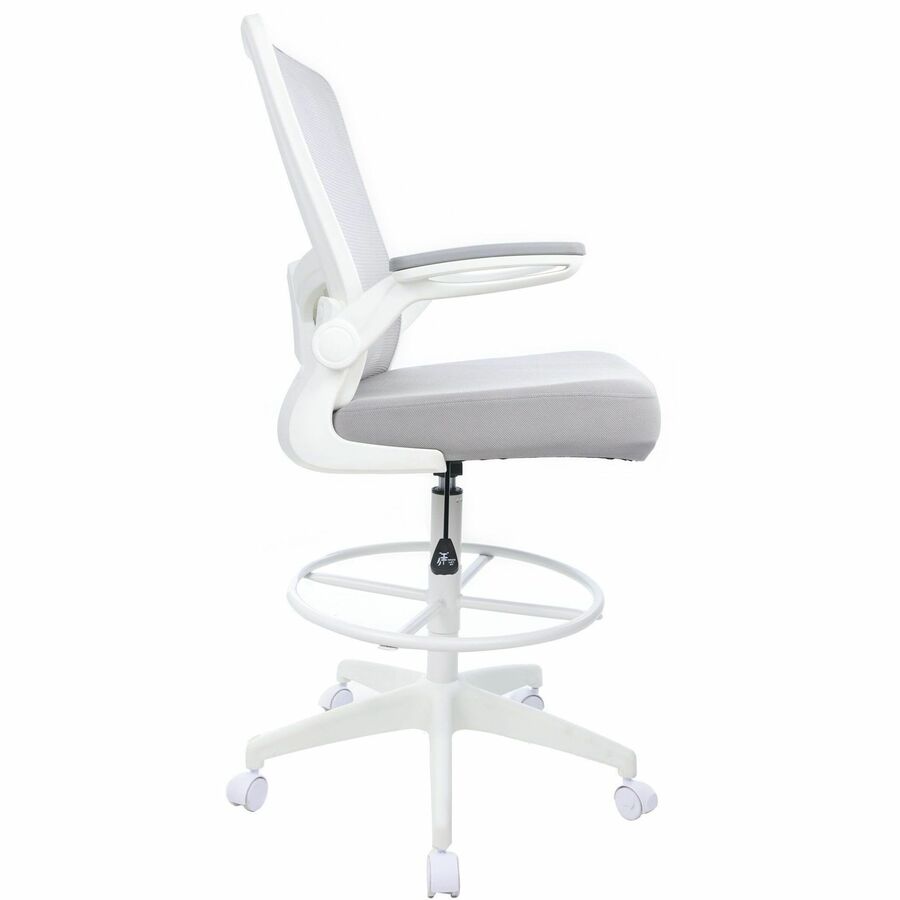 Boss Mesh Flip-Arm Stool, Gray Seat & Back, Mesh/Fabric, White Frame, 5-Star Base, Adjustable Height, Swivel, Tilt Mechanism, Foot Ring, Armrest, 1 Each