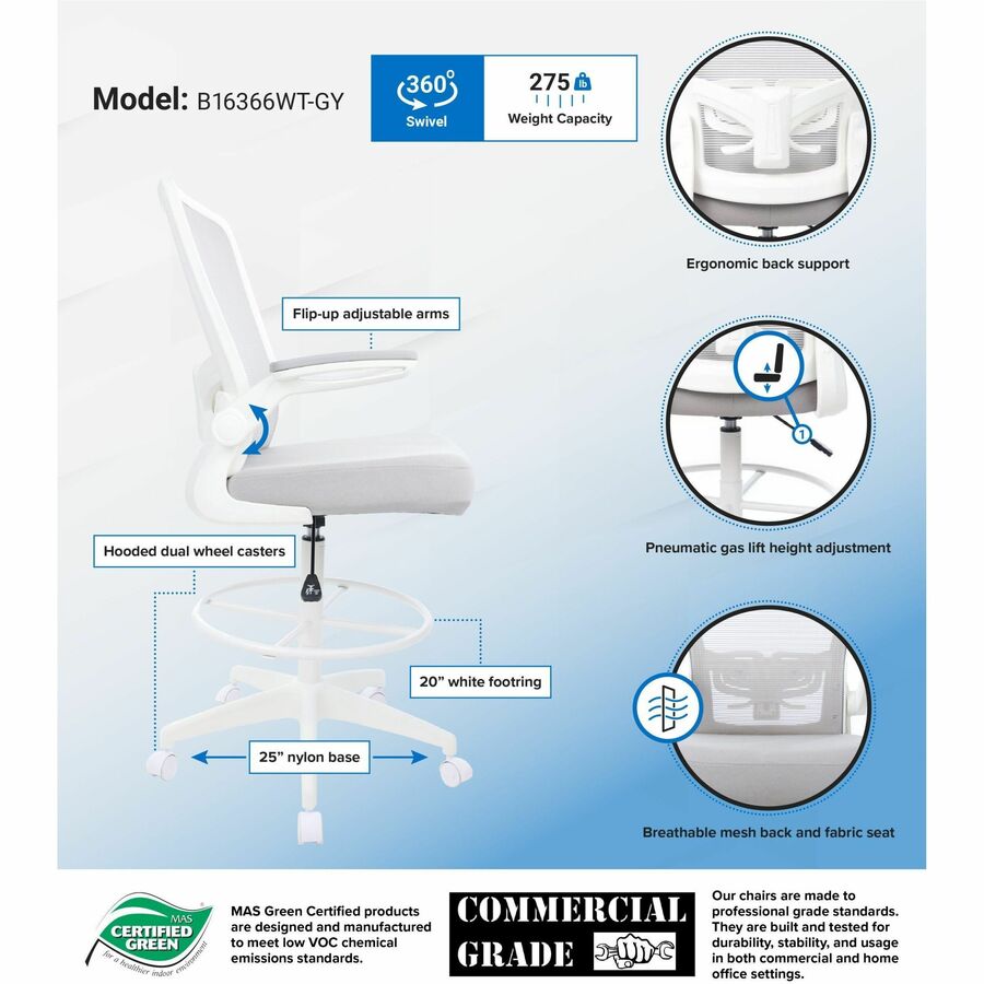 Boss Mesh Flip-Arm Stool, Gray Seat & Back, Mesh/Fabric, White Frame, 5-Star Base, Adjustable Height, Swivel, Tilt Mechanism, Foot Ring, Armrest, 1 Each