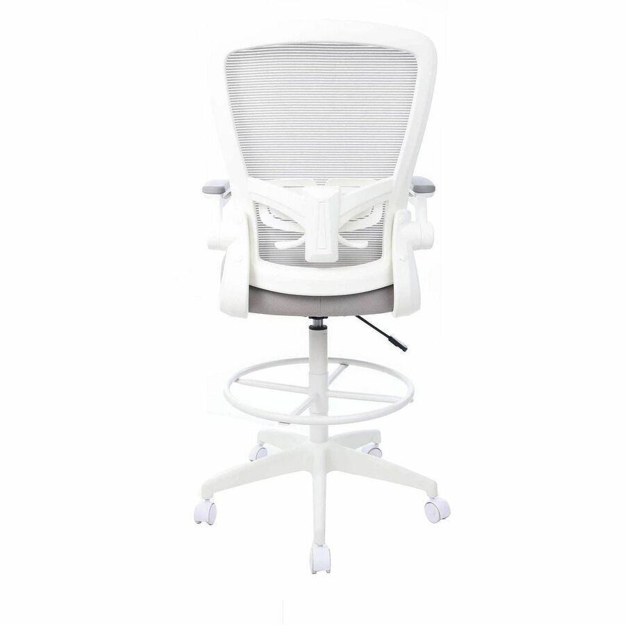 Boss Mesh Flip-Arm Stool, Gray Seat & Back, Mesh/Fabric, White Frame, 5-Star Base, Adjustable Height, Swivel, Tilt Mechanism, Foot Ring, Armrest, 1 Each