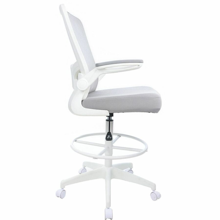 Boss Mesh Flip-Arm Stool, Gray Seat & Back, Mesh/Fabric, White Frame, 5-Star Base, Adjustable Height, Swivel, Tilt Mechanism, Foot Ring, Armrest, 1 Each