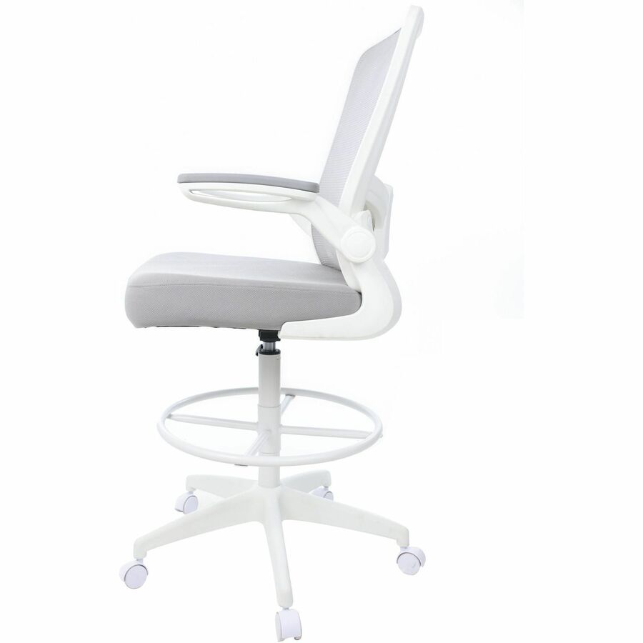 Boss Mesh Flip-Arm Stool, Gray Seat & Back, Mesh/Fabric, White Frame, 5-Star Base, Adjustable Height, Swivel, Tilt Mechanism, Foot Ring, Armrest, 1 Each