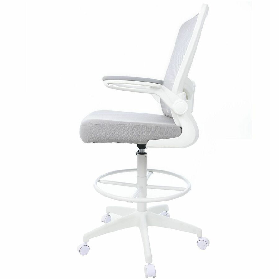 Boss Mesh Flip-Arm Stool, Gray Seat & Back, Mesh/Fabric, White Frame, 5-Star Base, Adjustable Height, Swivel, Tilt Mechanism, Foot Ring, Armrest, 1 Each