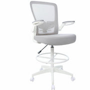 Boss Mesh Flip-Arm Stool, Gray Seat & Back, Mesh/Fabric, White Frame, 5-Star Base, Adjustable Height, Swivel, Tilt Mechanism, Foot Ring, Armrest, 1 Each