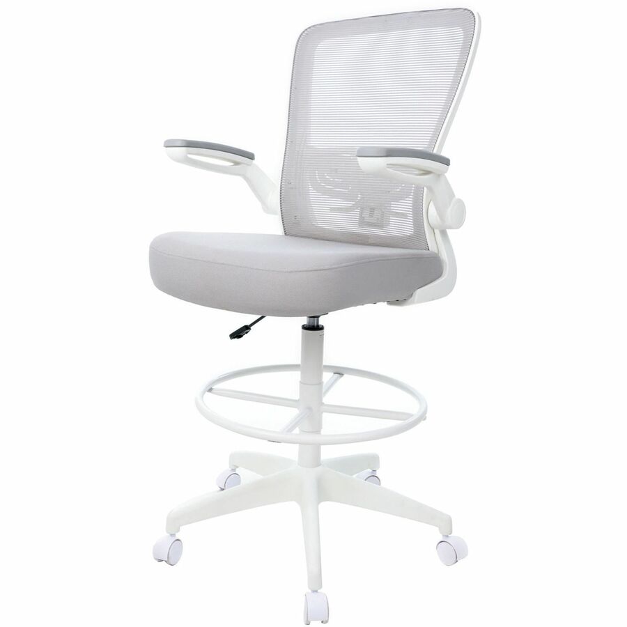 Boss Mesh Flip-Arm Stool, Gray Seat & Back, Mesh/Fabric, White Frame, 5-Star Base, Adjustable Height, Swivel, Tilt Mechanism, Foot Ring, Armrest, 1 Each