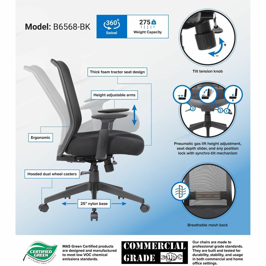 Plush, Foam Seat Material - Mesh Back Material - 5-star Base - Black - Mesh - Armrest - 1 Each