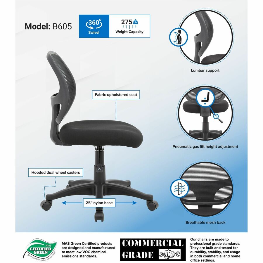 High Density Foam (HDF) Seat Material - Mesh Back Material - 5-star Base - Black - Mesh, Fabric - 1 Each