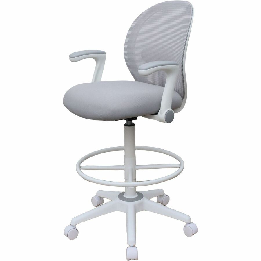 Boss Mesh Flip-Arm Stool, Gray Seat & Back, Mesh/Fabric, White Frame, 5-Star Base, Adjustable Height, Swivel, Casters, Armrest, 1 Each