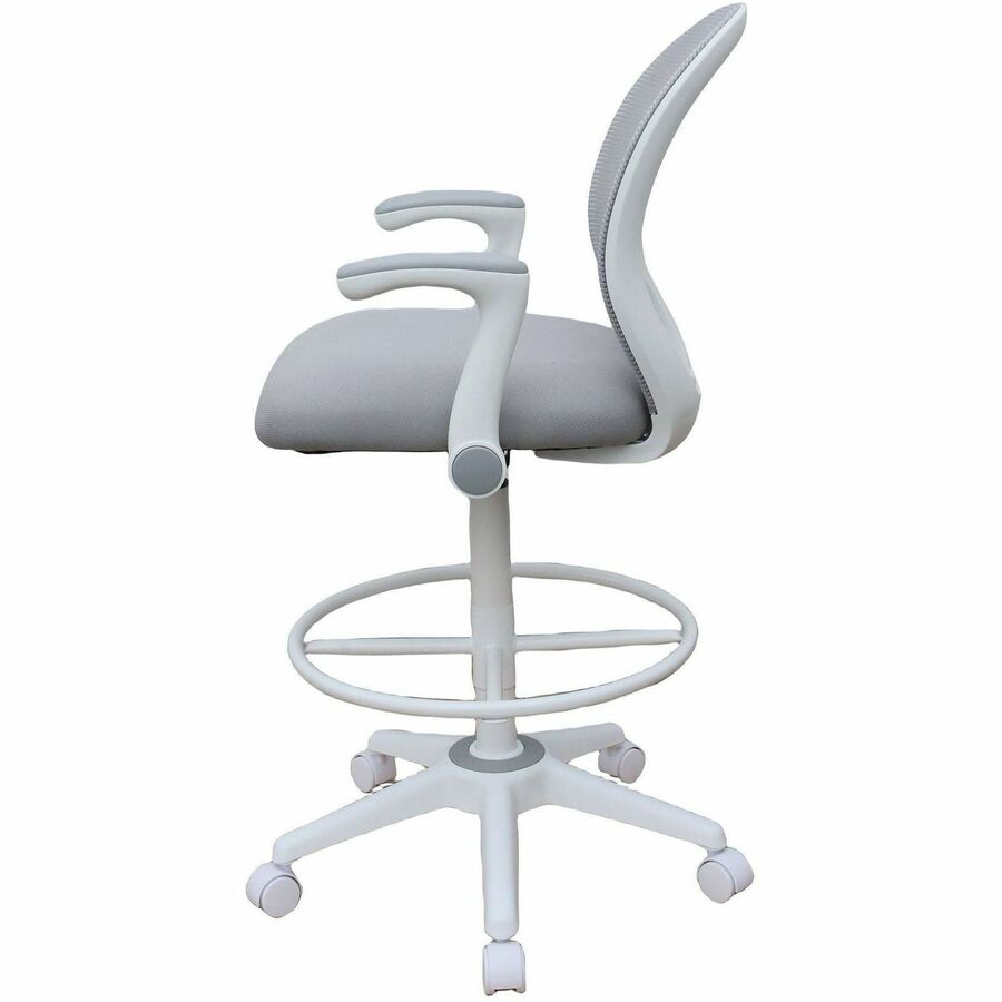 Boss Mesh Flip-Arm Stool, Gray Seat & Back, Mesh/Fabric, White Frame, 5-Star Base, Adjustable Height, Swivel, Casters, Armrest, 1 Each