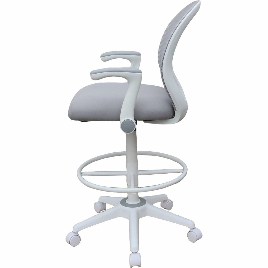 Boss Mesh Flip-Arm Stool, Gray Seat & Back, Mesh/Fabric, White Frame, 5-Star Base, Adjustable Height, Swivel, Casters, Armrest, 1 Each