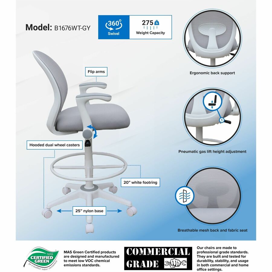 Boss Mesh Flip-Arm Stool, Gray Seat & Back, Mesh/Fabric, White Frame, 5-Star Base, Adjustable Height, Swivel, Casters, Armrest, 1 Each