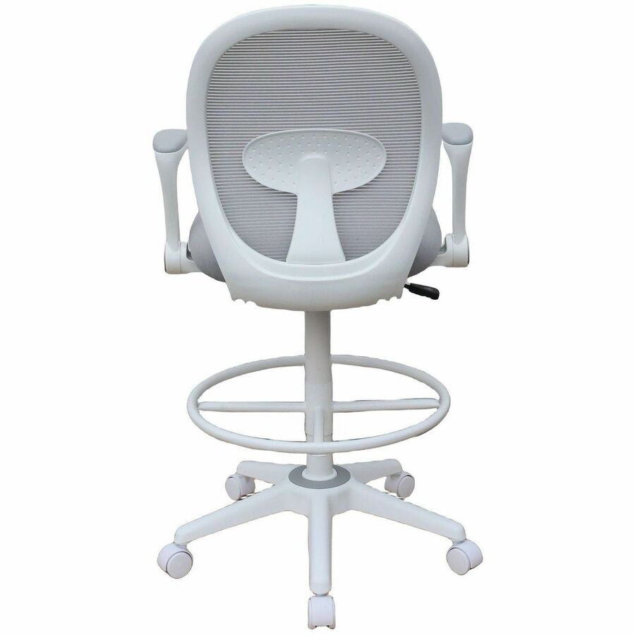 Boss Mesh Flip-Arm Stool, Gray Seat & Back, Mesh/Fabric, White Frame, 5-Star Base, Adjustable Height, Swivel, Casters, Armrest, 1 Each