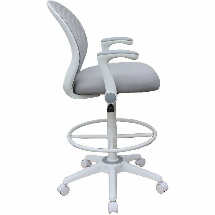 Boss Mesh Flip-Arm Stool, Gray Seat & Back, Mesh/Fabric, White Frame, 5-Star Base, Adjustable Height, Swivel, Casters, Armrest, 1 Each