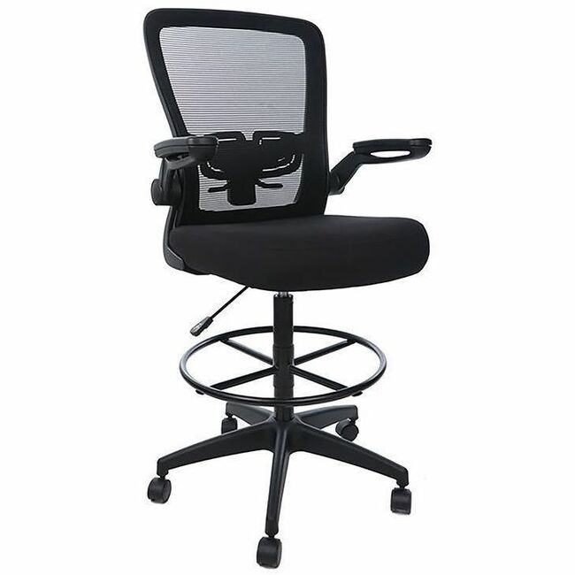Boss Mesh Flip-Arm Stool, Black, Mesh Back, Fabric Foam Seat, Flip-Up Arms, 5-Star Base, Adjustable Height, Swivel, Casters, Foot Ring, 1 Each