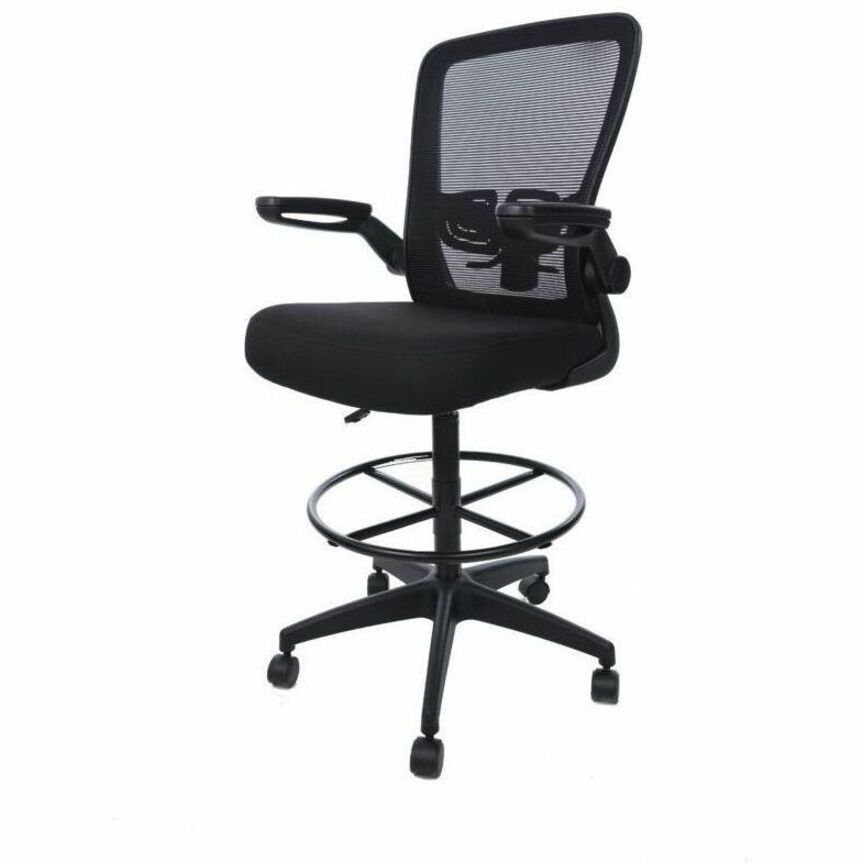 Boss Mesh Flip-Arm Stool, Black, Mesh Back, Fabric Foam Seat, Flip-Up Arms, 5-Star Base, Adjustable Height, Swivel, Casters, Foot Ring, 1 Each