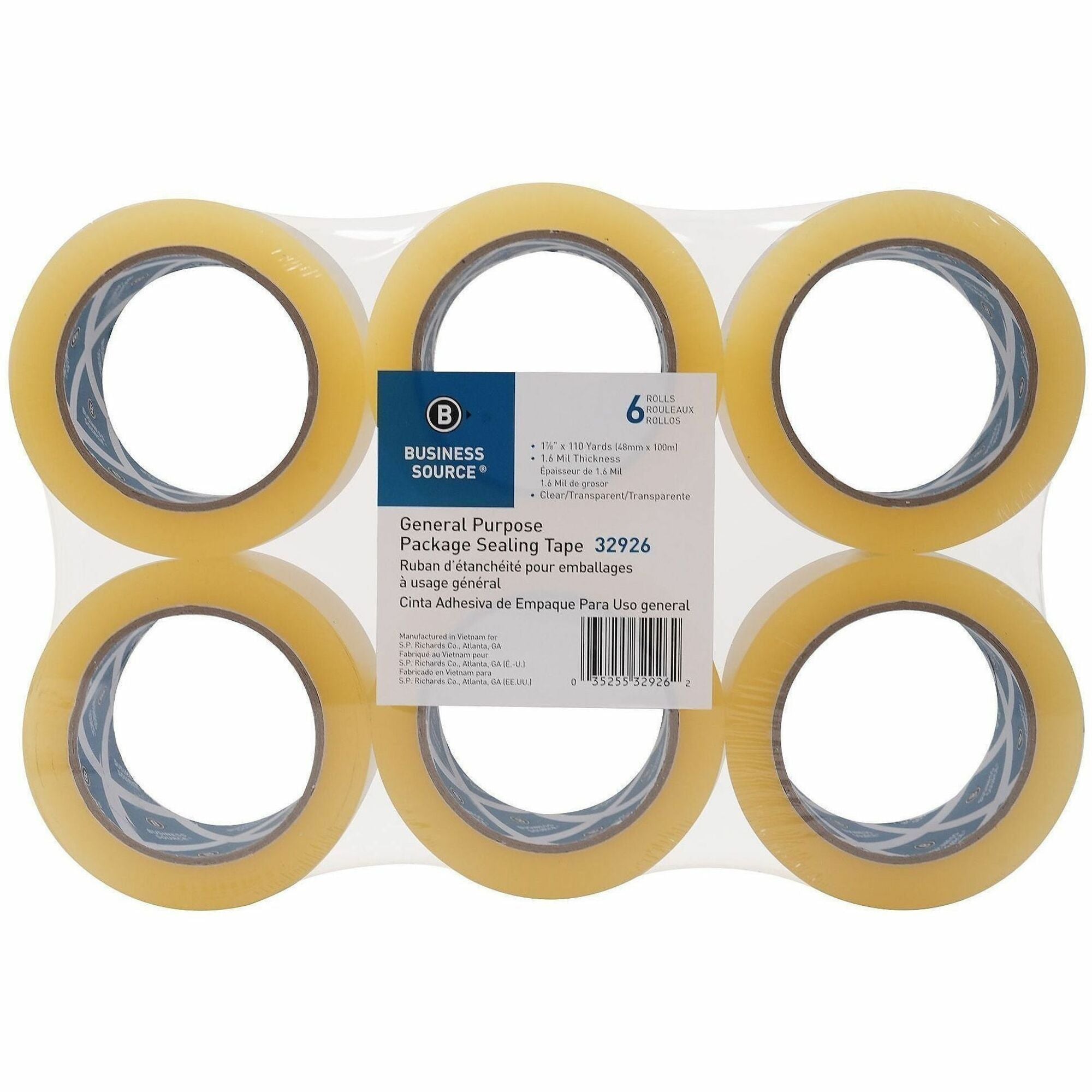 Business Source Heavy-duty Packaging/Sealing Tape, Clear, 1.87" x 110 yd, 1.6 mil Thickness, 3" Core, Tear/Split/Break Resistant, 6 Pack