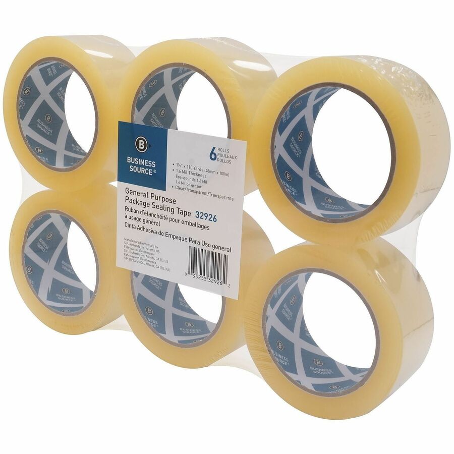 Business Source Heavy-duty Packaging/Sealing Tape, Clear, 1.87" x 110 yd, 1.6 mil Thickness, 3" Core, Tear/Split/Break Resistant, 6 Pack