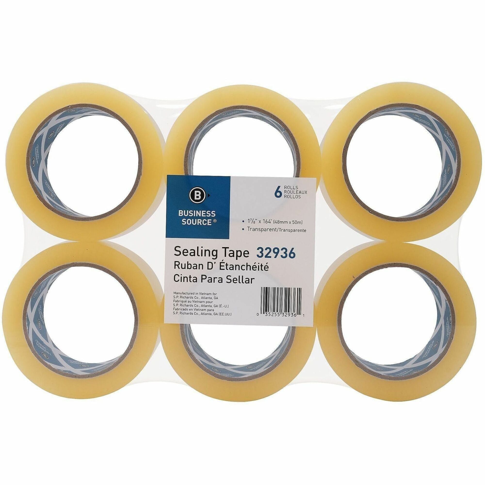 Business Source Heavy-duty Packaging Tape, Clear, 1.88" x 54.67 yd, 3.5 mil Thickness, 3" Core, Poly, Split/Abrasion/Moisture/Dirt/Dust Resistant, 6 Pack