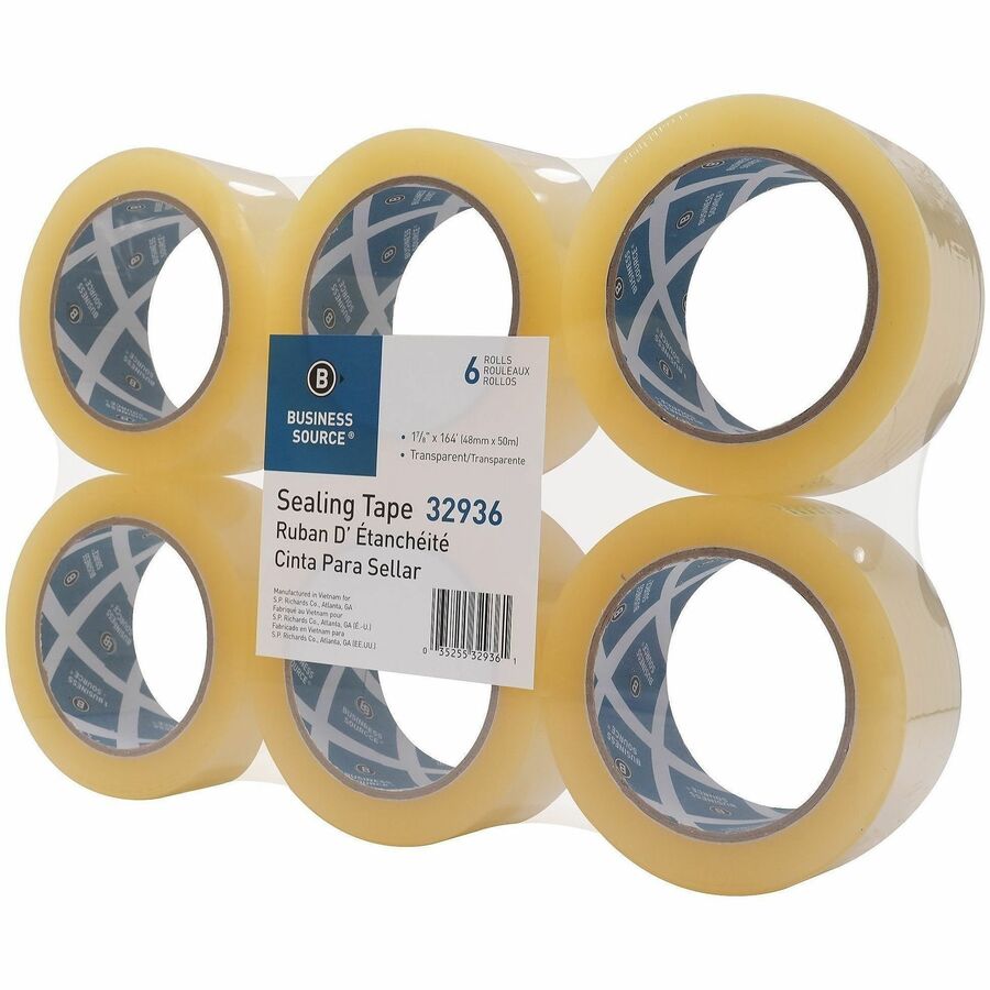 Business Source Heavy-duty Packaging Tape, Clear, 1.88" x 54.67 yd, 3.5 mil Thickness, 3" Core, Poly, Split/Abrasion/Moisture/Dirt/Dust Resistant, 6 Pack