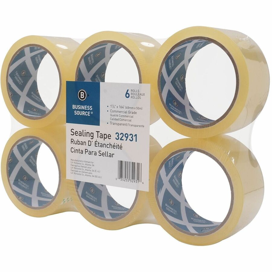 Business Source 3" Core Sealing Tape, Clear, 1.87" x 164 yd x 1.6 mil, Split/Moisture/Abrasion Resistant, 6 Pack