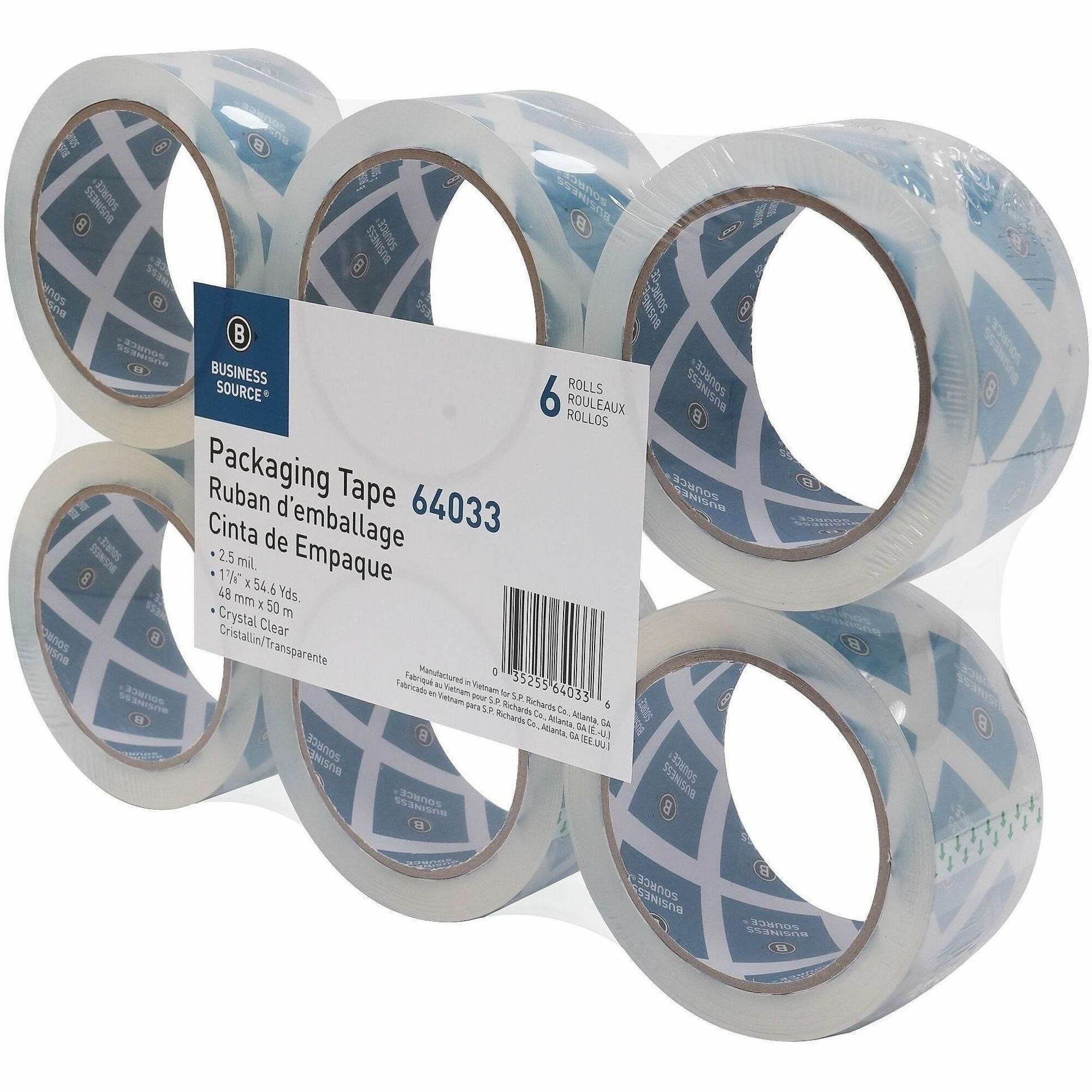 Business Source Crystal Clear Packaging Tape, 2" x 55 yd, 2.5 mil Thickness, 3" Core, Poly, Acrylic Adhesive, Clear, 6 Pack