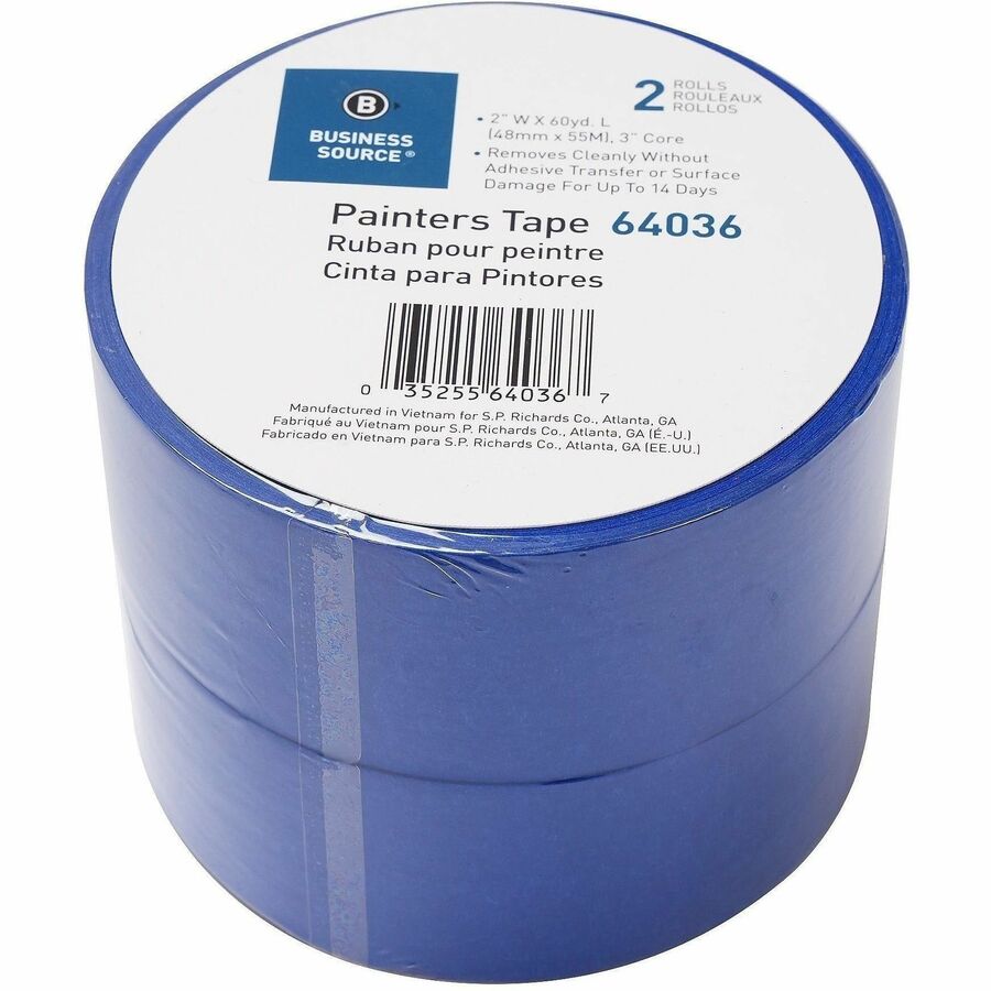Business Source Multisurface Painter's Tape, Blue, 2" x 60 yd x 5.5 mil, 2 Pack