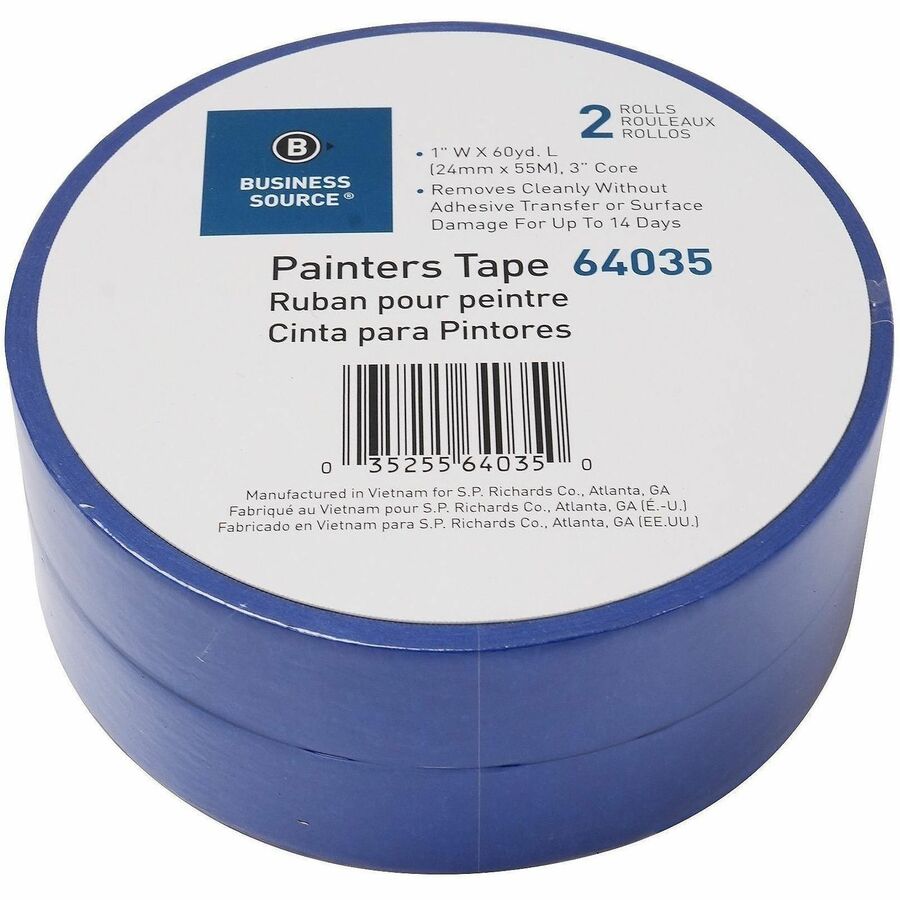 Business Source Multisurface Painter's Tape, Blue, 60 yd x 1" x 5.5 mil, 2 Pack
