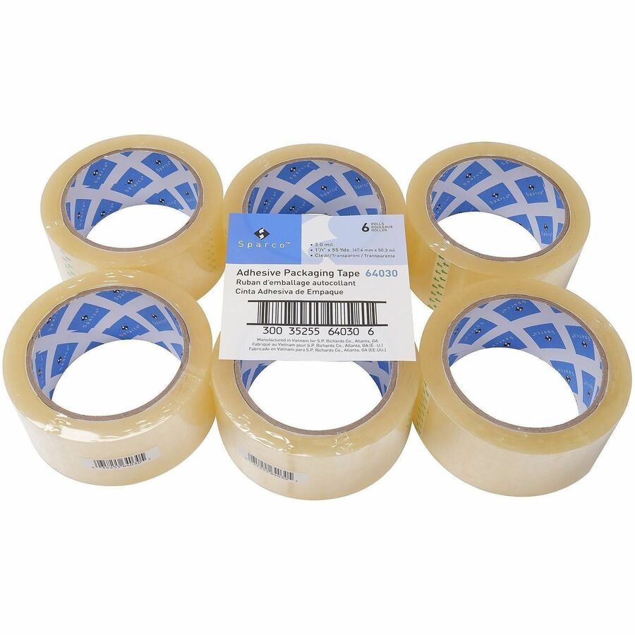 Sparco Premium Heavy-duty Packaging Tape Roll, 1 Roll, 55 yd x 1.88" x 3 mil, 3" Core, Clear, Acrylic Adhesive, Temperature/UV/Tear/Split/Break Resistant