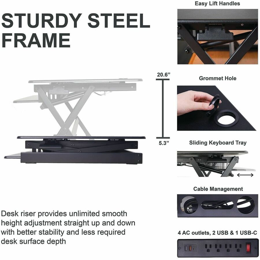 40" Width - Desktop - Black - For Multipurpose - Adjustable Height, Grommet, Keyboard Tray