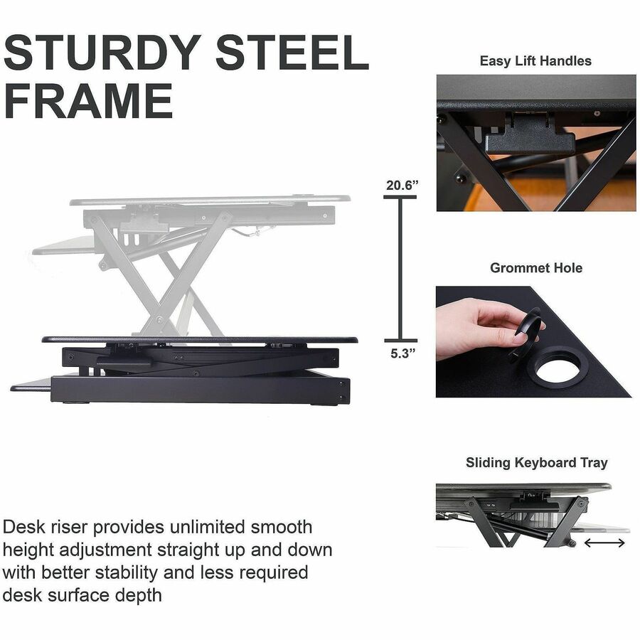 Rocelco R DADBR-40 Height-Adjustable Sit-to-Standing Desk Riser - 40 lb Load Capacity - 40" Width - Desktop - Black - For Multipurpose - Adjustable Height, Built-in USB Port, Keyboard Tray
